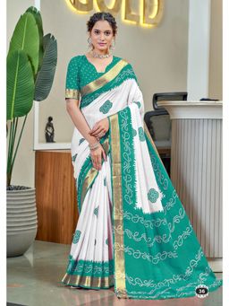 Lush Glam - Green Printed Mulmul Cotton Saree with Unstitched Blouse