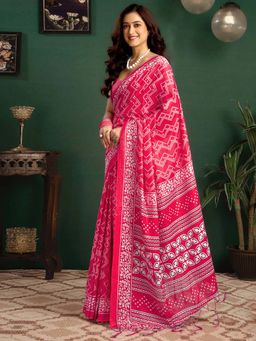 Lush Glam - Pink Printed Soft Pure Cotton Saree with Unstitched Blouse