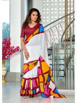 Lush Glam - White Pure Cotton Printed Saree with Unstitched Blouse