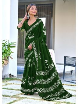 Lush Glam - Green Printed Mulmul Cotton Saree with Unstitched Blouse