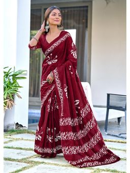 Lush Glam - Maroon Printed Mulmul Cotton Saree with Unstitched Blouse