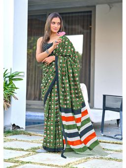 Lush Glam - Green Cartoon Print Mulmul Cotton Saree with Unstitched Blouse