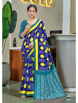 Lush Glam - Pure Cotton Blue Printed Saree with Unstitched Blouse
