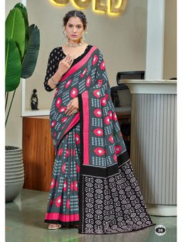 Lush Glam - Pure Cotton Grey Printed Saree with Unstitched Blouse
