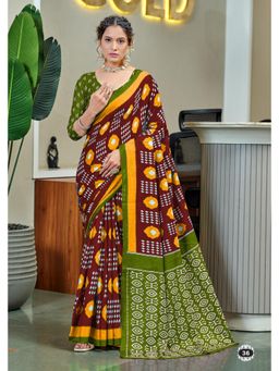 Lush Glam - Pure Cotton Maroon Printed Saree with Unstitched Blouse