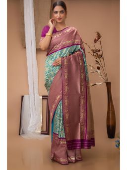 Anjaneya Sarees - Teal Woven Banarasi Kanjivaram Saree with Unstitched Blouse