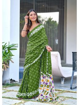 Lush Glam - Green Pure Cotton Printed Saree with Unstitched Blouse