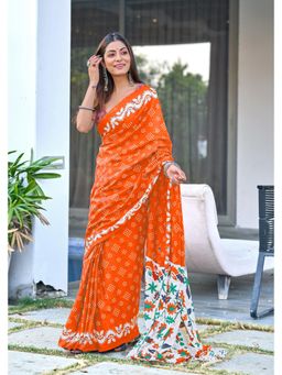 Lush Glam - Orange Pure Cotton Printed Saree with Unstitched Blouse