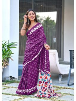 Lush Glam - Purple Pure Cotton Printed Saree with Unstitched Blouse