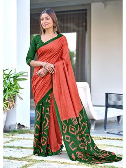 Lush Glam - Red Pure Cotton Printed Saree with Unstitched Blouse