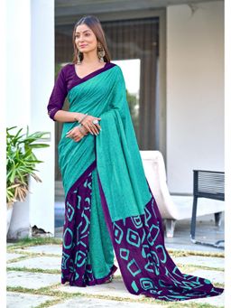 Lush Glam - Green Pure Cotton Printed Saree with Unstitched Blouse