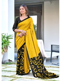 Lush Glam - Yellow Pure Cotton Printed Saree with Unstitched Blouse