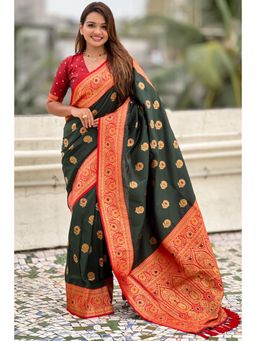 SGF11 - Dark Green Kanjivaram Pure Soft Silk Saree with Unstitched Blouse