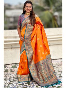 SGF11 - Orange Kanjivaram Pure Soft Silk Saree with Unstitched Blouse