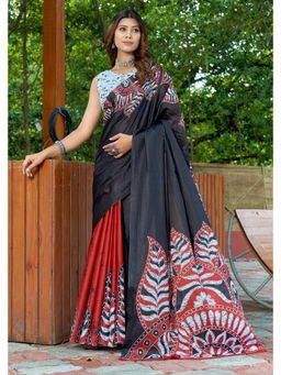 Lush Glam - Black Printed Pure Mulmul Cotton Saree with Unstitched Blouse