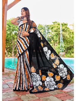 Lush Glam - White Printed Pure Mulmul Cotton Saree with Unstitched Blouse