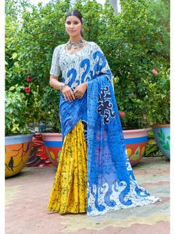 Lush Glam - Blue Printed Pure Mulmul Cotton Saree with Unstitched Blouse