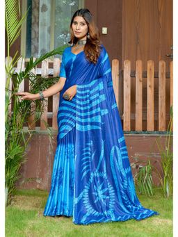 Lush Glam - Blue Printed Pure Mulmul Cotton Saree with Unstitched Blouse