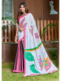 Lush Glam - White Printed Pure Mulmul Cotton Saree with Unstitched Blouse
