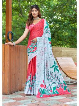 Lush Glam - White Printed Pure Mulmul Cotton Saree with Unstitched Blouse