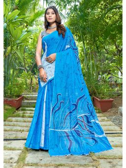 Lush Glam - Aqua Printed Pure Mulmul Cotton Saree with Unstitched Blouse