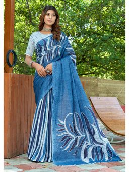 Lush Glam - Teal Printed Pure Mulmul Cotton Saree with Unstitched Blouse