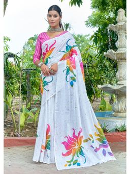 Lush Glam - White Printed Pure Mulmul Cotton Saree with Unstitched Blouse