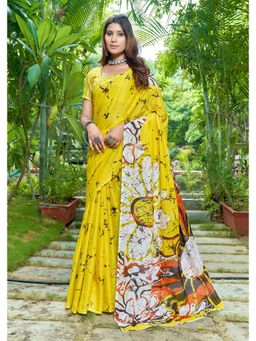 Lush Glam - Yellow Printed Pure Mulmul Cotton Saree with Unstitched Blouse