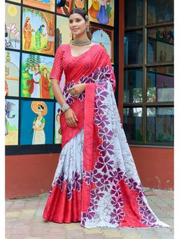 Lush Glam - Pink Printed Pure Mulmul Cotton Saree with Unstitched Blouse