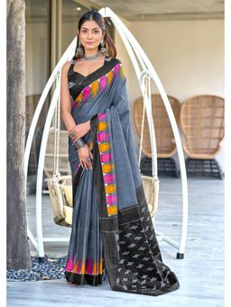 Lush Glam - Grey Pure Cotton Printed Saree with Unstitched Blouse