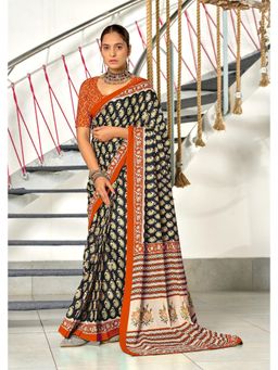Lush Glam - Black Pure Cotton Printed Saree with Unstitched Blouse