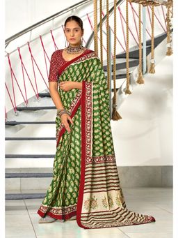 Lush Glam - Green Pure Cotton Printed Saree with Unstitched Blouse