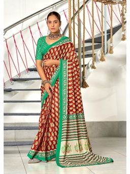 Lush Glam - Red Pure Cotton Printed Saree with Unstitched Blouse