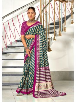 Lush Glam - Teal Pure Cotton Printed Saree with Unstitched Blouse