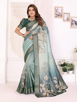 Elora - Teal Soft Tissue Silk Floral Printed Saree with Unstitched Blouse