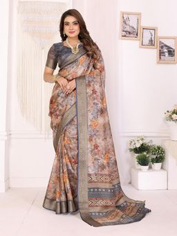 Elora - Brown Soft Tissue Silk Floral Printed Saree with Unstitched Blouse