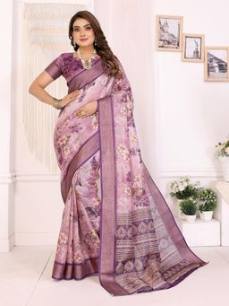 Elora - Purple Soft Tissue Silk Floral Printed Saree with Unstitched Blouse