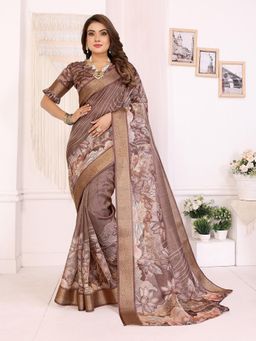 Elora - Brown Soft Tissue Silk Floral Printed Saree with Unstitched Blouse