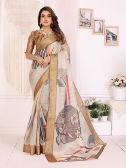 Elora - Beige Soft Tissue Silk Floral Printed Saree with Unstitched Blouse