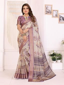 Elora - Lavender Soft Tissue Silk Floral Printed Saree with Unstitched Blouse