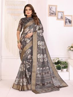 Elora - Dark Grey Soft Tissue Silk Floral Printed Saree with Unstitched Blouse