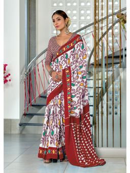 Lush Glam - White Printed Mulmul Cotton Saree with Unstitched Blouse