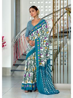 Lush Glam - White Printed Mulmul Cotton Saree with Unstitched Blouse