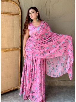 Label Kanupriya - Pink Mirror Work Pre-Drape Sharara Saree with Stitched Blouse