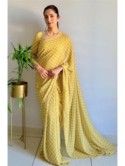 Label Kanupriya - Lime Yellow Starry Mirror Work Pre-Drape Saree with Stitched Blouse