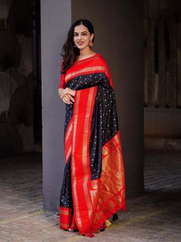 Anjaneya Sarees - Black Woven Banarasi Kanjivaram Saree with Unstitched Blouse