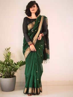 Anjaneya Sarees - Green Woven Banarasi Kanjivaram Saree with Unstitched Blouse