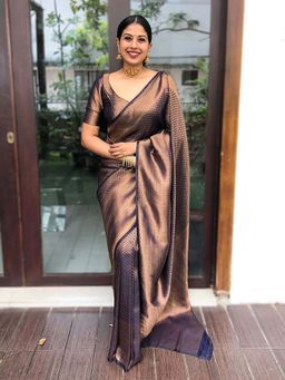Anjaneya Sarees - Navy Blue Woven Banarasi Kanjivaram Saree with Unstitched Blouse
