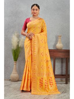 Anjaneya Sarees - Yellow Woven Banarasi Kanjivaram Saree with Unstitched Blouse