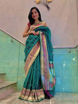 Anjaneya Sarees - Teal Woven Banarasi Kanjivaram Saree with Unstitched Blouse